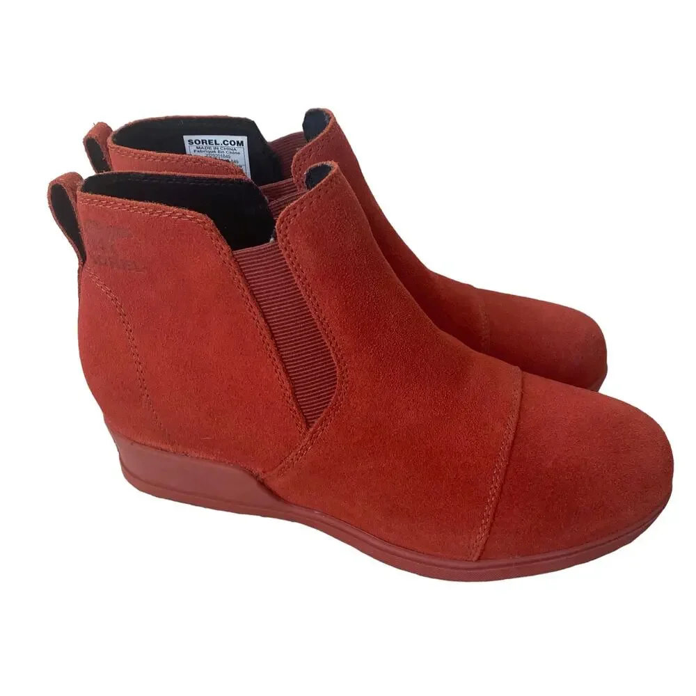 SOREL Waterproof Suede Leather Evie Pull On Wedge Ankle Bootie WARP RED 9.5